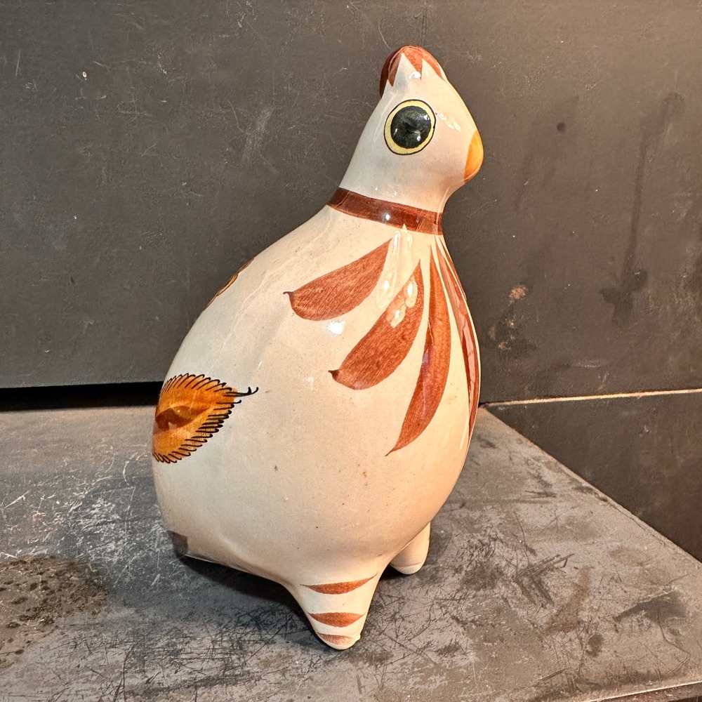 Tonala Bird Figurine Vintage Mexico Pottery Hand‎ Painted Cream 7in